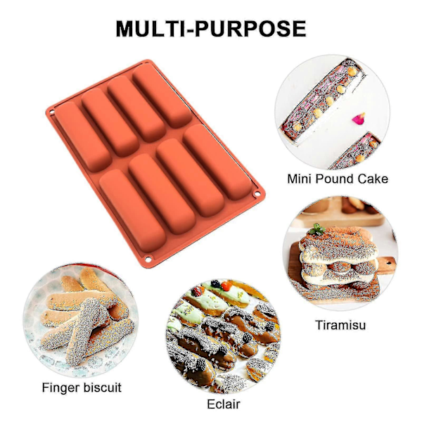 2 stk. Sjokoladeform, Lange Striper Form, Fingerkjeks Silikonform, Silikon Eclair Form, Non-Stick Silikon