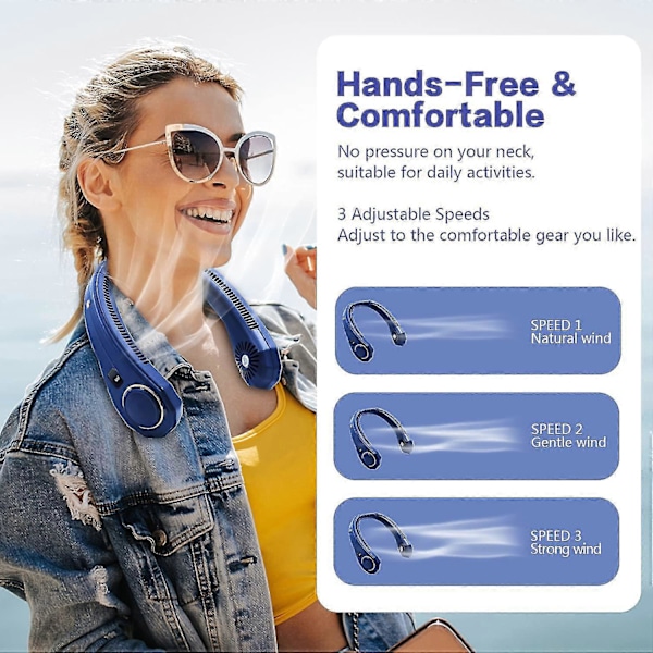 Bærbar halsventilator, håndfri bladløs halsventilator, personlig sommer kølende halsventilator, 3 hastigheder 4000mah genopladelig halsventilator med LED-display - Blå