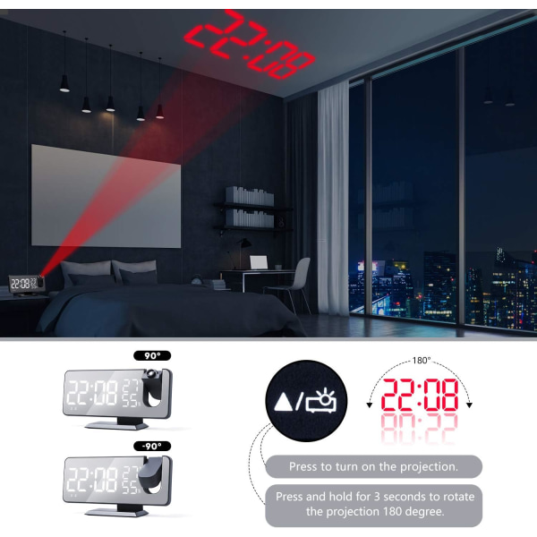 Projektionsvækkeur, 7.4 LED digitalt vækkeur med USB-temperatur- og fugtighedsradiofunktion-JBK black and white