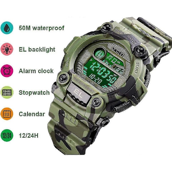Pojkar Camouflage LED Sport Barnklocka Vattentät Digital Elektronisk Militär Armbandsur för Barn med Lumin