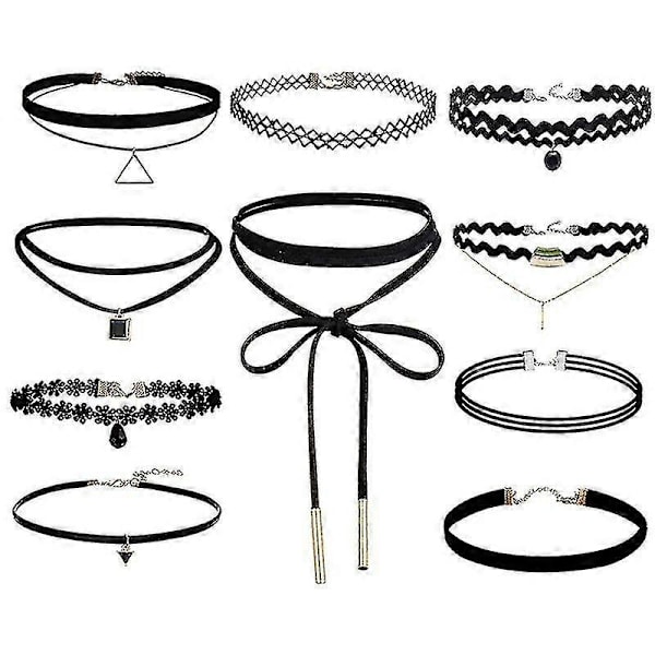 10 stk. Choker Halskjede Svart Klassisk Fløyel Stretch Gotisk Tatovering Halskjede