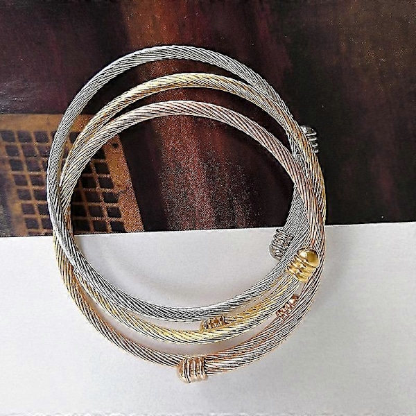 3 stk. stablebare kabeltråder i rustfritt stål, tvinnede mansjettarmbånd for kvinner, gull/rose/sølv