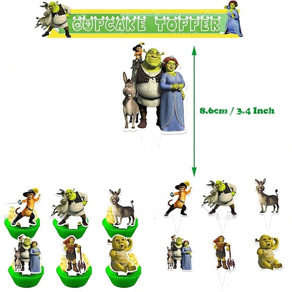 Shrek tema fødselsdagsfest dekorationssæt inklusive banner kage cupcake topper ballon sæt