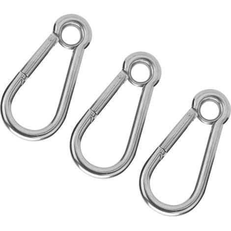 Sæt med 3 fjederbelastede karabinhager i rustfrit stål med ring, tilbehør til M10 (10 mm) sikkerhedsreb