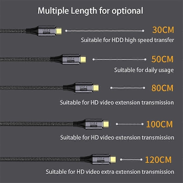 Type A 1.2m 8K@60Hz 40Gbps USB 4.0 Thunderbolt 3 Type til Type PD 100W Hurtiglading Data