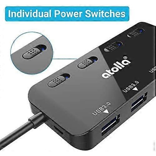 Stikdåse USB 3.0 Hub, Ultra Slim Multiple 4 Port USB Hub med Individuelle Strømafbryder LED'er