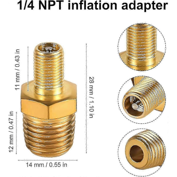 2 kpl Messinki Ilmatäyttöadapteri, 1/4\" NPT (M) - Standardiventtiili Schraderille (M)
