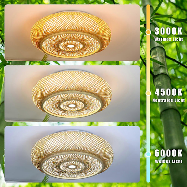 Taklampe bambus taklampe LED trelampe fjernkontroll dimbar bambus håndvevd naturlig 9W retro taklampe rotting bambus 40 cm