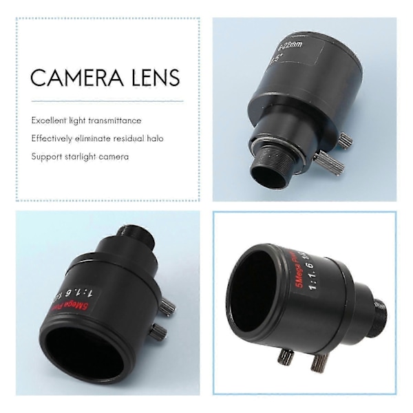 CCTV linse 1/2.5 tommer 6-22mm 5MP M12 mount varifokal linse F1.6 til 4MP/5MP CMOS/CCD sensor sikkerhed JP