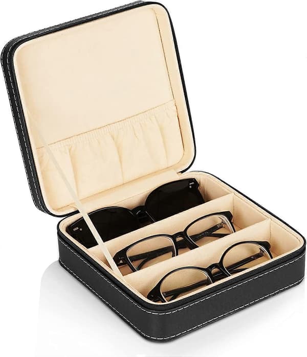 Bærbar 3-rums brilleopbevaring Rejse Solbrille Organizer Lynlås Boks Smykker Læderlook Display Case Samler