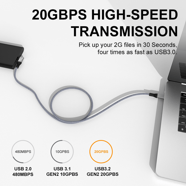 240W 90 graders rettvinklet hode GEN 2-USB 3.2-kabel USB-C hannkabel 20 Gbps MultiColor 2 m