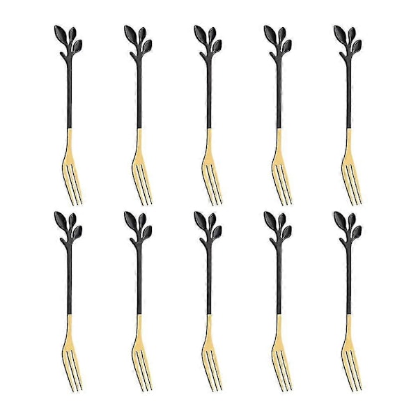 10 stk. Smagsgafler til dessert Rustfrit stål Blad Appetizer Gaffelfrugt Gaffel, Tåler opvaskemaskine Sort G