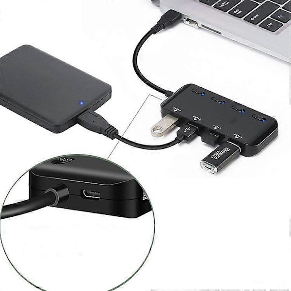 Stikdåse USB 3.0 Hub, Ultra Slim Multiple 4 Port USB Hub med Individuelle Strømafbryder LED'er