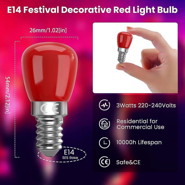 E14 Rød LED Pære 3w E14, Dekorativ Rød E14 LED Pære, 25w Udskiftning