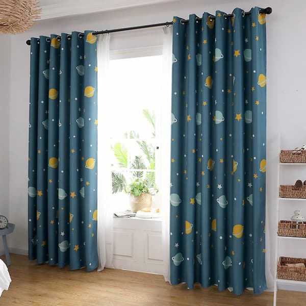 Polyester Mörkläggningsgardiner Tecknad Blå Planeter Ljussäker Gardin, för Sovrum Barnrum Vardagsrum (100×250 cm) (1 st)