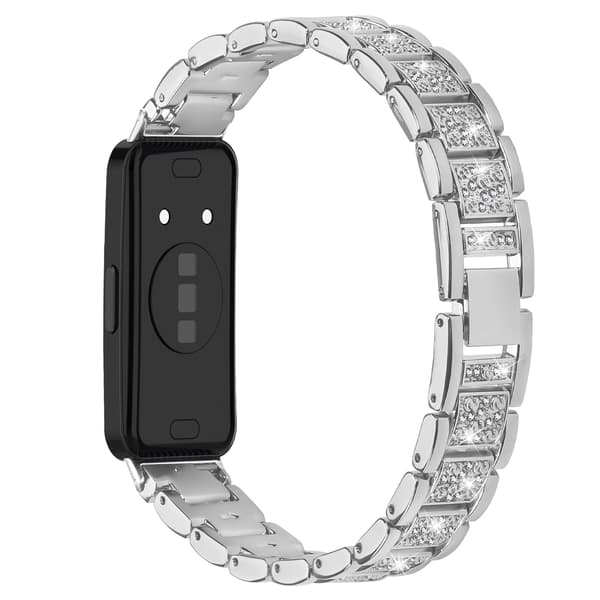 Slank diamant rustfrit stål urrem kompatibel med Huawei Band 8/9/10 sølv