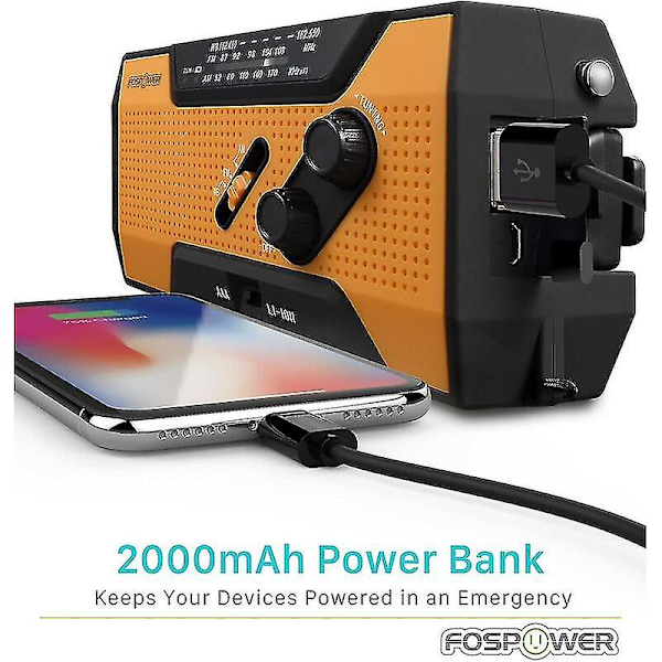 Väderradio för nödsituationer 2000mah (modell A1) Solcell/vev/batteridriven portabel batteriladdare med AM/FM, LED-ficklampa, SOS-larm för vandring och