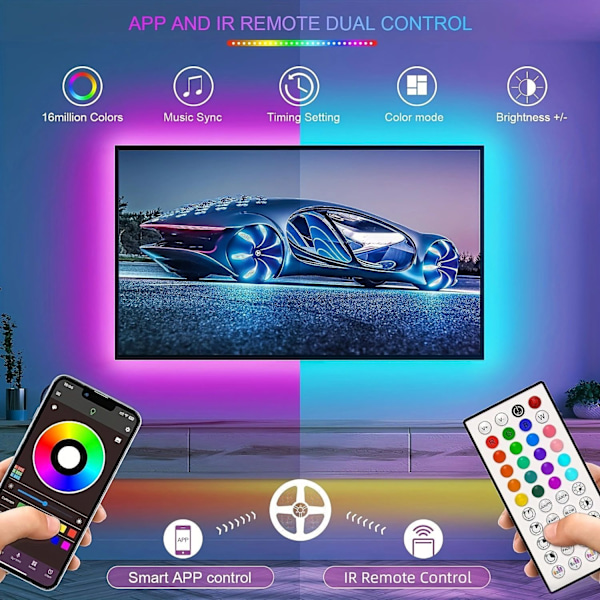 LED-lys Bluetooth RGB-lys LED-stripe med 44-tasters fjernkontroll Musikk-synkronisering Fargeskiftende LED Stemningsstripe
