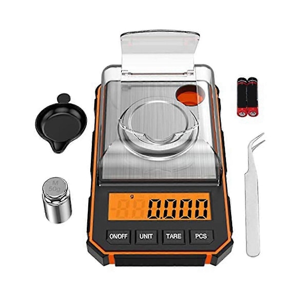 Fin Vekt 0.001G, Digital Milligram Vekt 50G / 0.001G, Digital Lommevekt med LCD-Skjerm, Digital Lab Vekt, Oransje