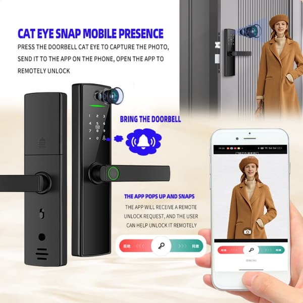 Fingeraftrykslås med WiFi og dørspion – Smart dørlås med kode, nøgle og Tuya-app