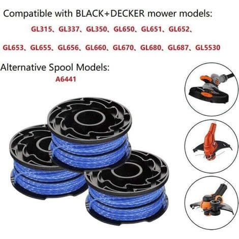BLACK+DECKER 3-pakkerstatningsspoler for gresstrimmere, Reflex Plus automatisk matespole, 3 x 12m nylonsnor, 1,5 mm diameter snor, A6441X3-XJ Blu