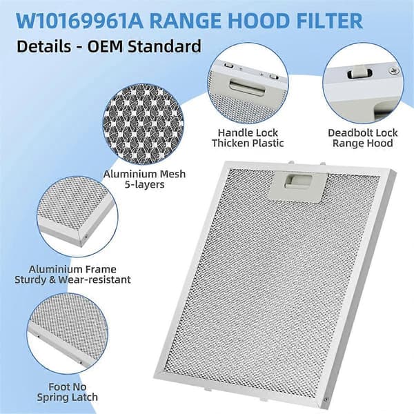 3 stk. W10169961A emhættefilter til Whirlpool KitchenAid 12X10,5 tommer