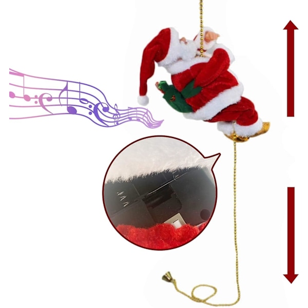 Chan Elektrisk Tomte som Klättrar på Rep Dekoration, Julklättrande Tomte Plyschdocka Leksak med Julmusik för Julgranspynt Julfest