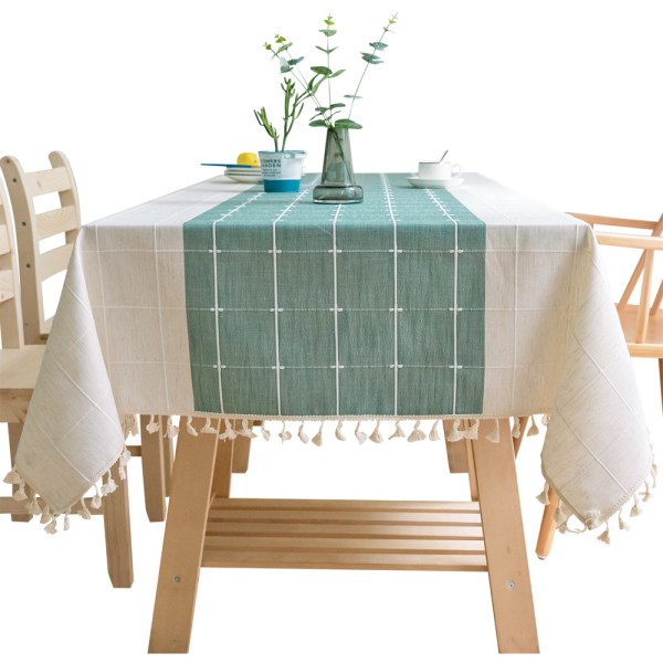 Puuvilla- ja pellavaruutuinen hapsuinen suorakaiteen muotoinen pöytäliina keittiöön tai ruokasaliin - 140 x 180 cm