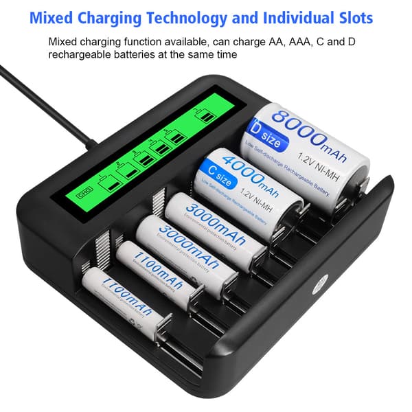 Batterioplader - 8 pladser - Smart USB - Kompatibel med AA-, AAA- og CD-batterier - LCD