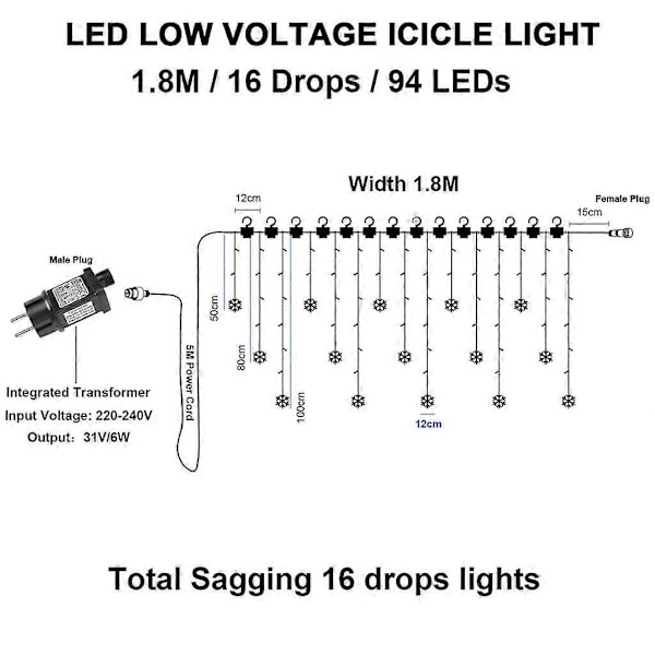 94 LED Snöflinga Ljuskedja 31V Varmvit Vattentät 8 Ljuslägen Ljusgardin med Timer Inomhus Utomhus Fönster Jul Dekoration