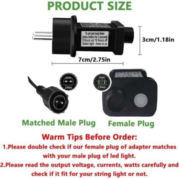 Blinkende lyslenker 24V 6W AC-transformator, 8 moduser plugg lyslenker med timerfunksjon, IP44 vanntett adapter for julelys, jul