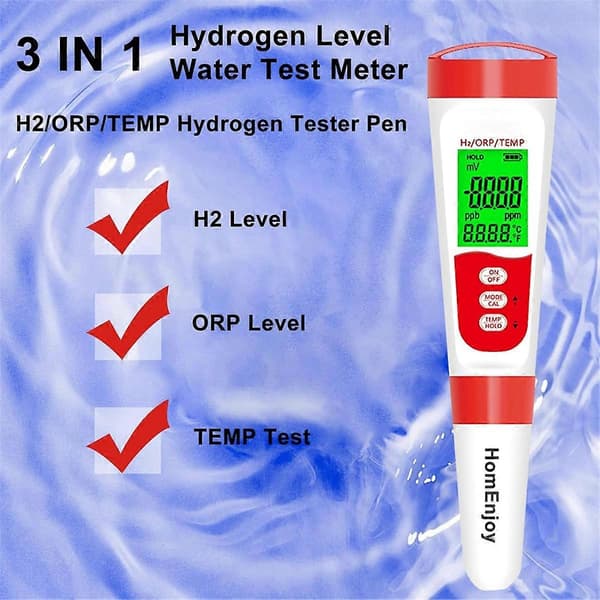 Hydrogen Vandflaske Testmåler, 3 i 1 H2/ORP/Temp Digital Hydrogen Niveautester Pen til Daglig Dri