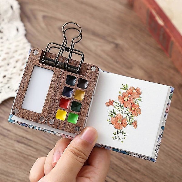 Bärbart Skissboks Palettset, 8-Facks Mini Rese-färgpalett i Trä för Akvarell, Gouache, Akryl, Inkluderar Journal, Penselpennor & Klämma