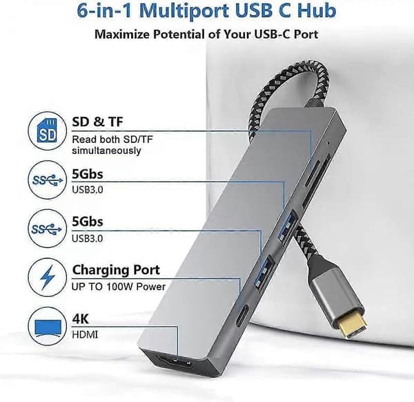 6-in-1 USB-C-keskitin, monitoiminen sovitin, Mac-sovitin 4K HDMI:llä, 100 W nopea lataus, USB-C ja 3 USB-A 5 Gbps dataliitäntää, USB 2.0