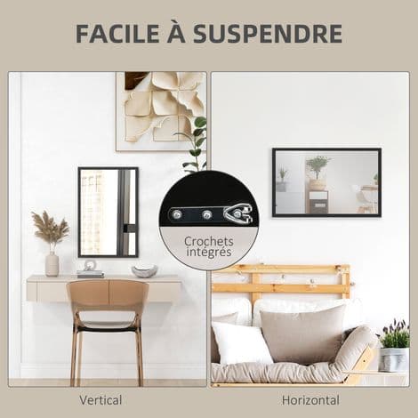 Väggspegel 60x40 cm, svart träram, stor rektangulär designerspegel för badrum, vardagsrum eller sovrum, elegant väggdekoration.
