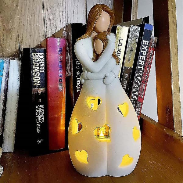 Mor og Datter Lysestake Resin Dekorativ Statue Ornament Med LED