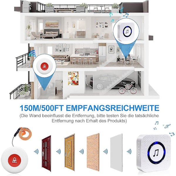 2 mottakere + 2 ringeknapper Eldre nødanropsknapp/vanntett nødringeklokke/eldre nødanrop
