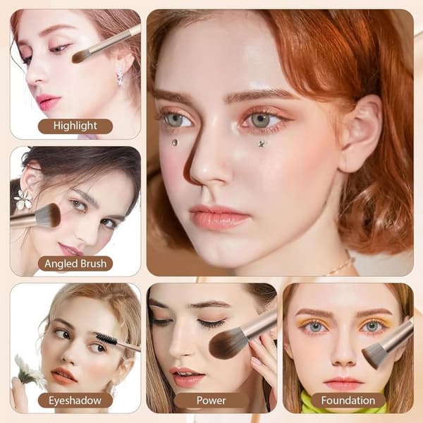 Make-up børstesæt - Syntetisk - Beige - 12 dele - 29x22 cm