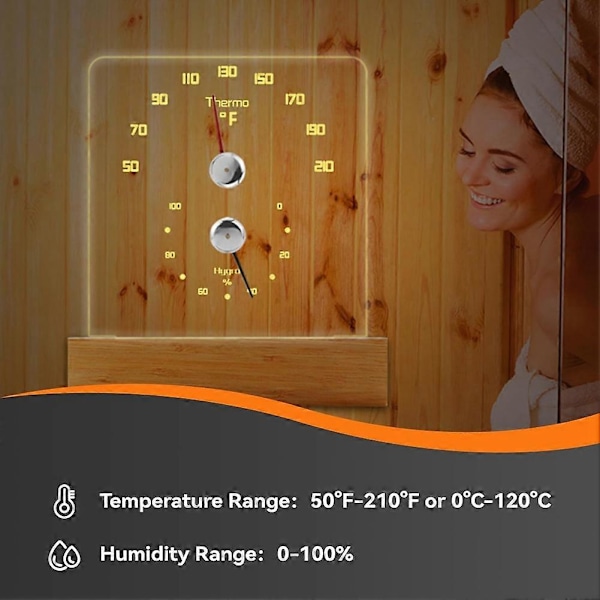 Bastutermometer 2 i 1 Fahrenheit Termometer Hygrometer med LED-ljus Bastutillbehör för Bastu