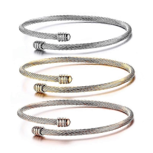 3 stk. stablebare kabeltråder i rustfritt stål, tvinnede mansjettarmbånd for kvinner, gull/rose/sølv