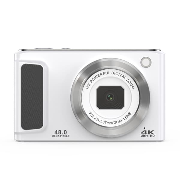 4K HD digitalkamera med front- og bakkamera og stabilisering Hvit