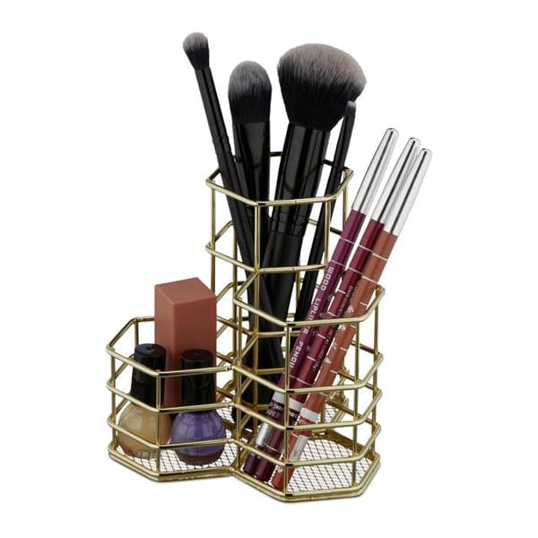 Makeupbørsteholder, kosmetikorganizer, 3-delt børsteholder, metal, guld