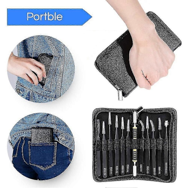 Pincettset med 12 ESD-pincetter, antistatiska, icke-magnetiska, rostfritt stål, multistandard - CHUNC