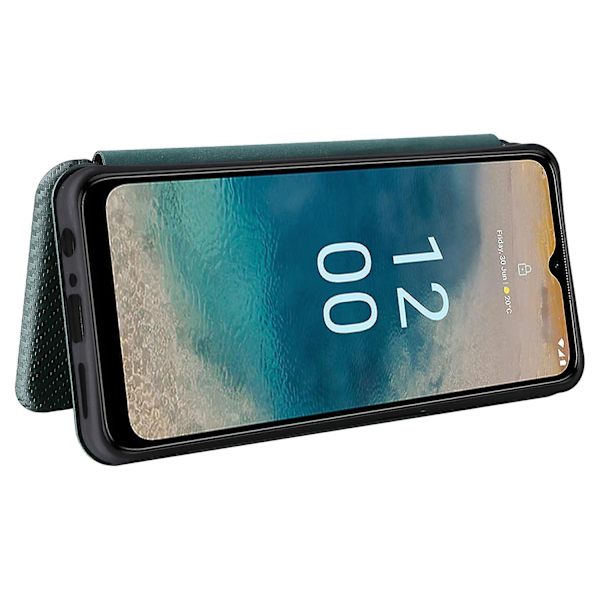 Nokia G22:n hiilikuitu-tekstuurillinen nahkainen kotelo, flip-folio-tyyppinen, telineellä ja korttipaikalla