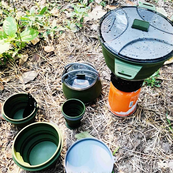 Vikbar utomhusgryta Silikon Vandring Kokgryta Bärbar Picknickgryta Rostfritt Stål Campingkokare