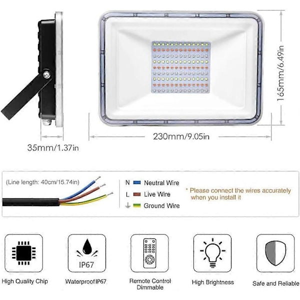 100W Utendørs RGB LED Flomlys med Fjernkontroll, 16 farger & 4 moduser, Vanntett IP67, Utendørs Sikkerhetsbelysning uten Minnefunksjon, for Garasje