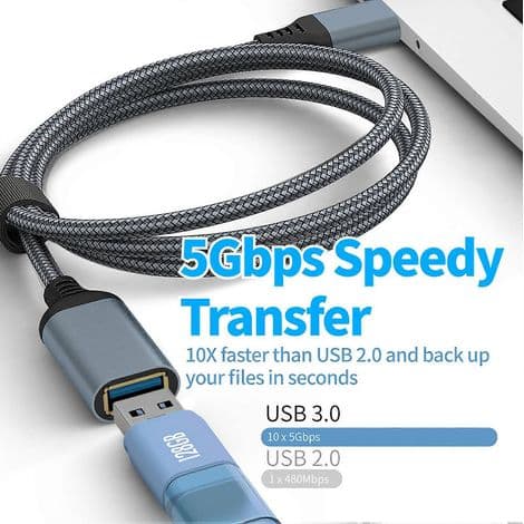 USB 3.0 hann til hunn skjøtekabel, nylonflettet kappe, 3 meter, grå