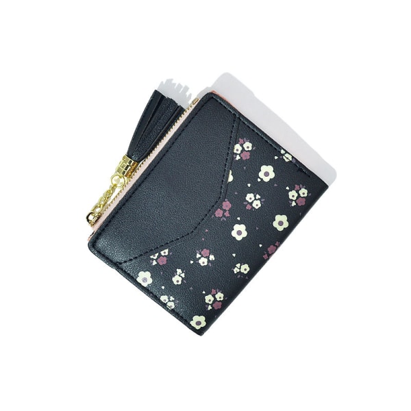 Flerlager korthållare två-i-ett liten plånbok mini retro blommig myntväska-jbk black