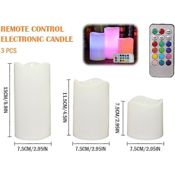 Paket med 3 LED-ljus, LED-pelarljus, LED-utomhusljus med timer, LED-utomhusljus vattentäta, för födelsedagar, jul, barer, hotell, bröllop