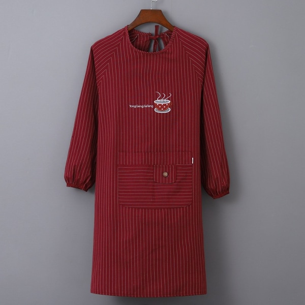 Långärmat förkläde överdragskläder hudvänlig polybomull dam arbetskläder med fickor förkläde matlagning-jbk Wine Red